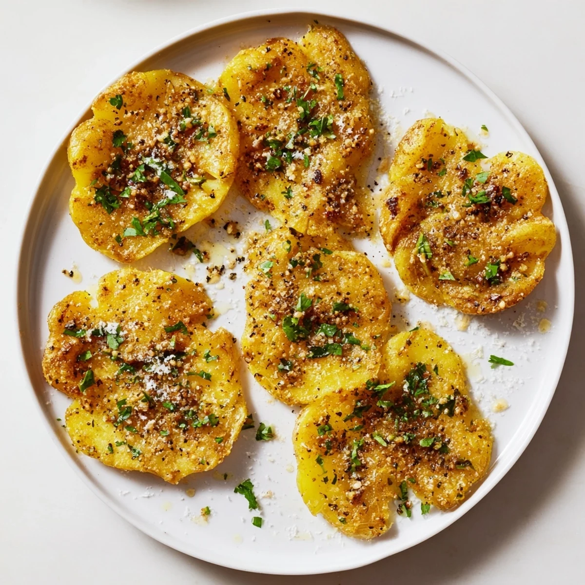 Crispy edges and fluffy interiors describe these savory Garlic Parmesan Smashed Potatoes.