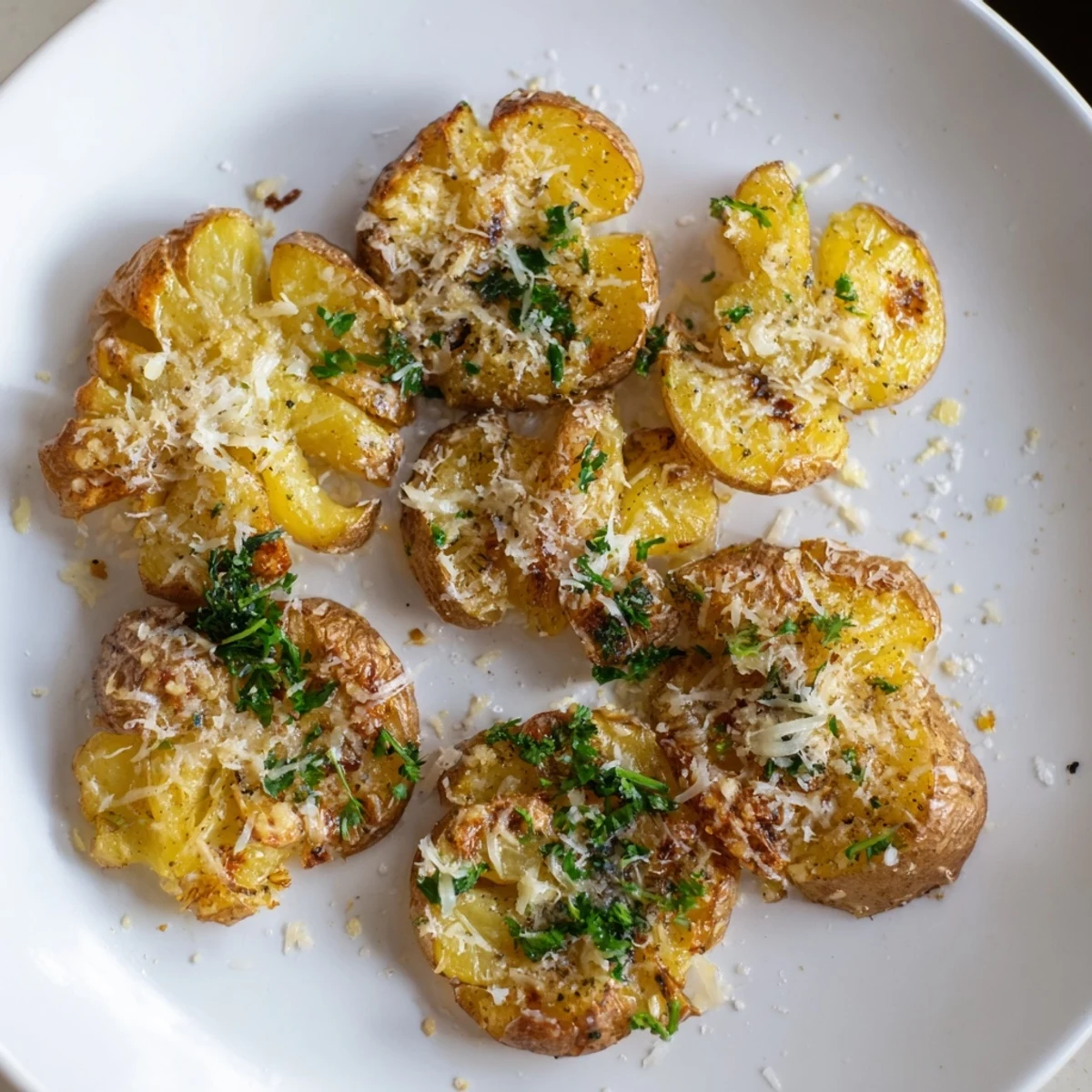 Melted butter glistens on the cheesy Garlic Parmesan Smashed Potatoes, a delicious side dish.