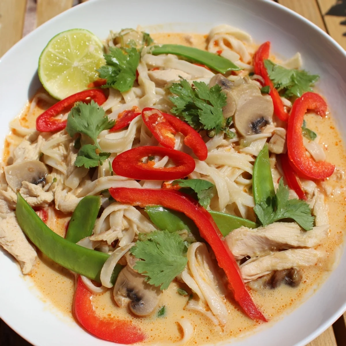 Steaming bowl of Thai Red Curry Noodle Soup with vibrant veggies and tender chicken to enjoy.
