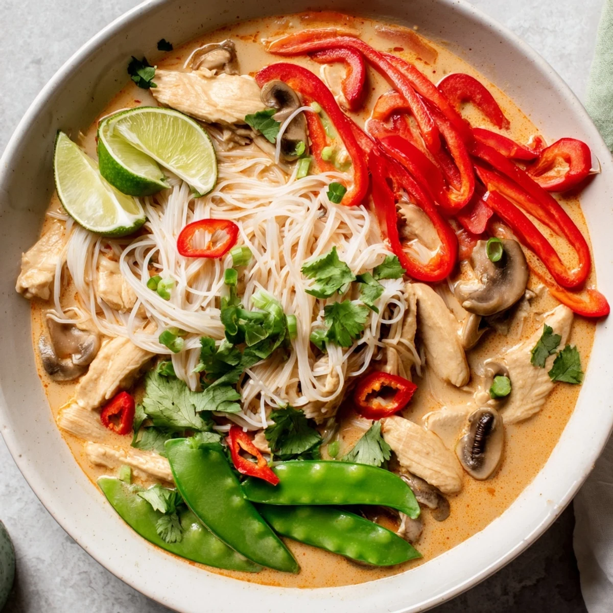 A close-up of a flavorful Thai Red Curry Noodle Soup swimming with chicken, ready to eat.