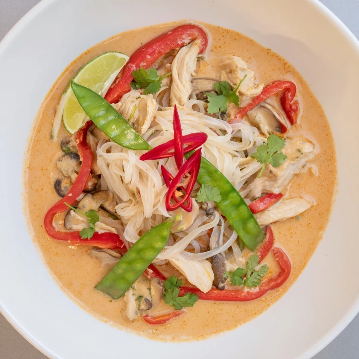 Garnish Thai Red Curry Noodle Soup with fresh cilantro and a lime wedge for your next dinner.