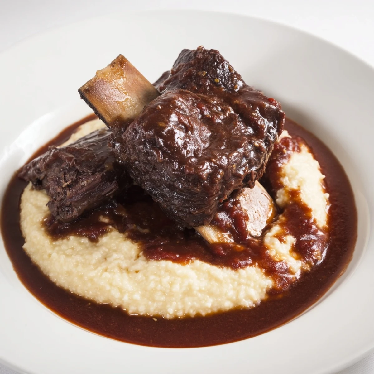 Fork-tender braised beef short ribs glistening in rich sauce, served over creamy polenta.