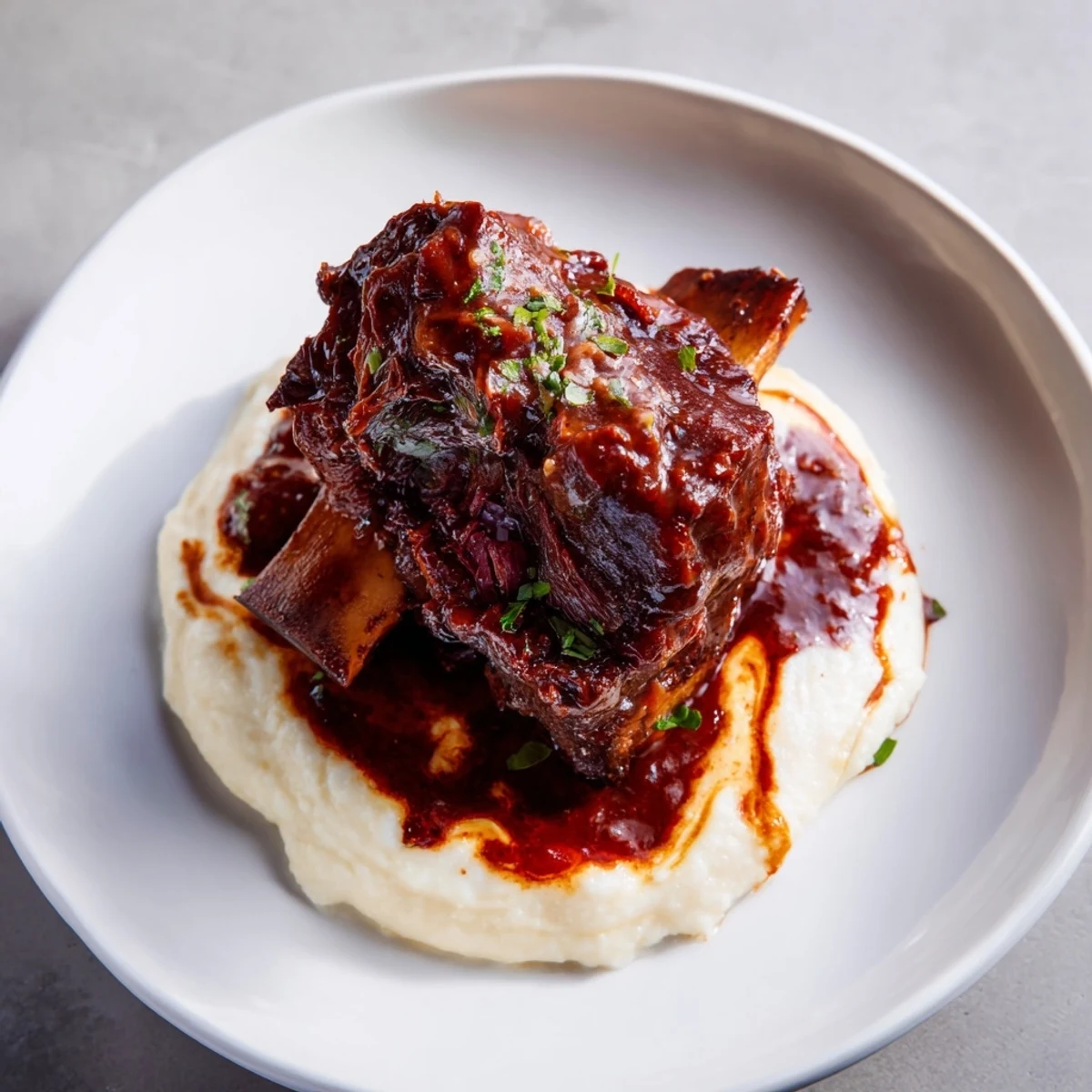 A close-up of creamy polenta topped with juicy braised beef short ribs.