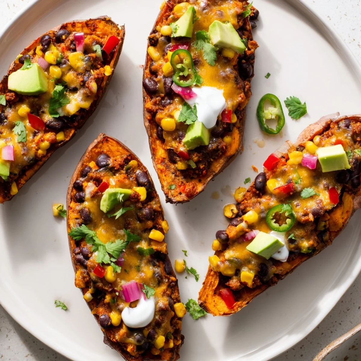 Golden, crispy Loaded Sweet Potato Skins overflowing with black beans, cheese, and fresh cilantro.