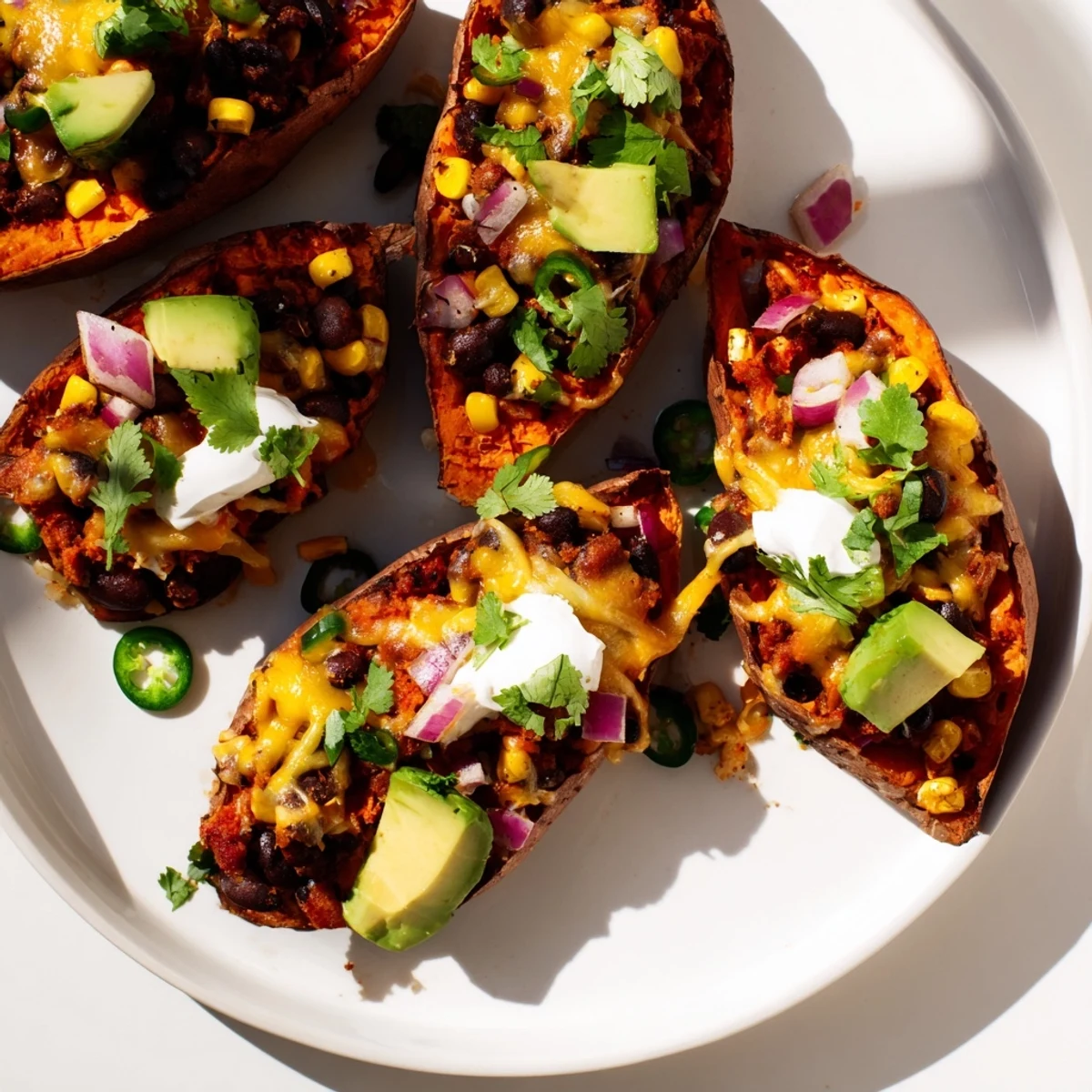 A close-up of cheesy Loaded Sweet Potato Skins showing the black bean filling and fresh avocado.