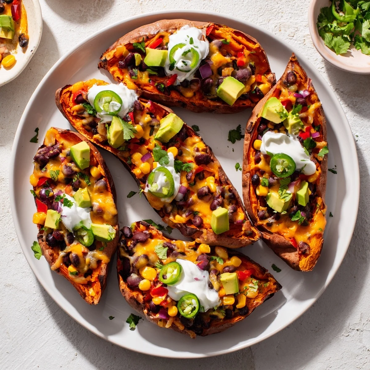Savory Loaded Sweet Potato Skins with a bubbling cheese topping, perfect for a Tex-Mex feast.