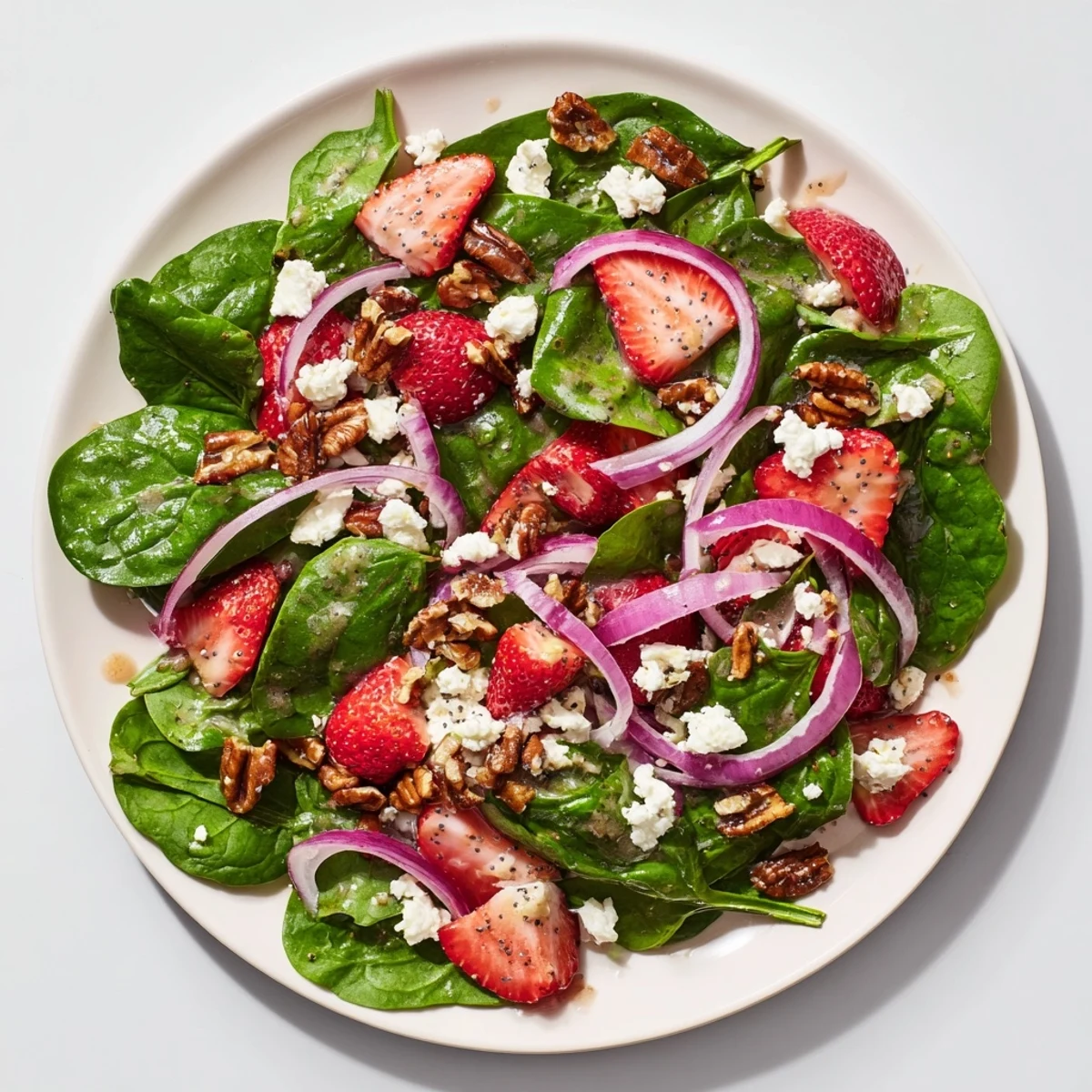 Beautifully plated strawberry spinach salad; sweet strawberries with a creamy poppy seed dressing drizzled on top.