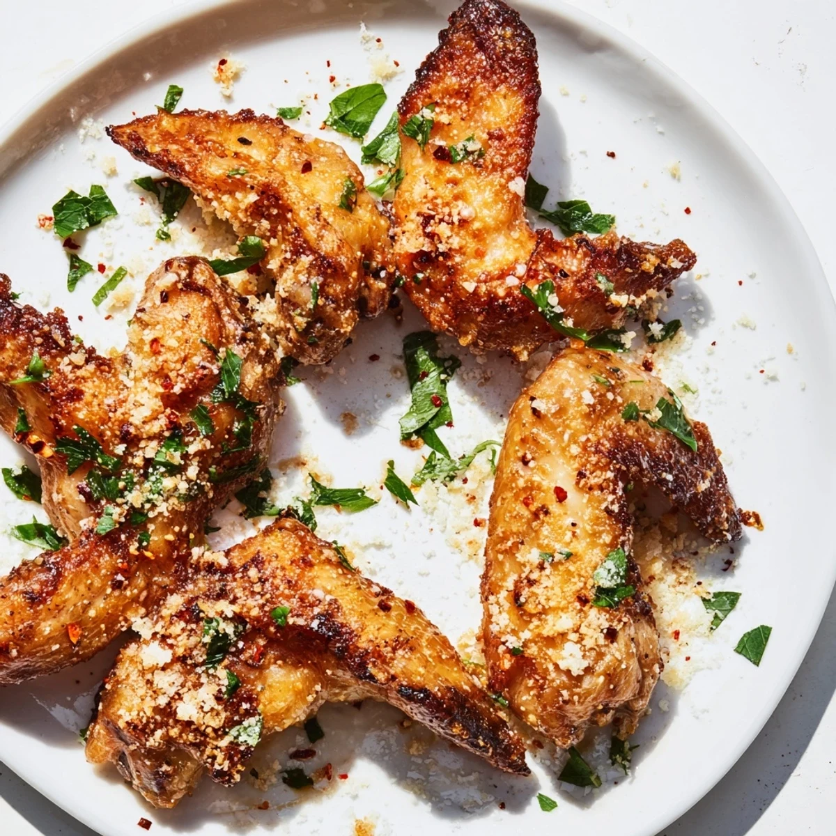 Golden brown Air Fryer Garlic Parmesan Chicken Wings, ready to serve as a delicious game day appetizer.