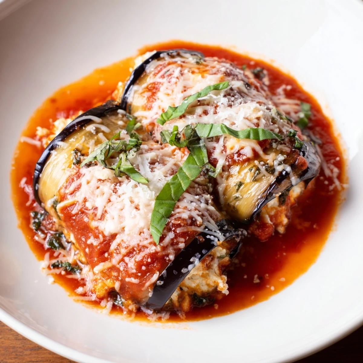 Warm, bubbly Baked Eggplant Rollatini with melted cheese and rich tomato sauce, ready to serve.