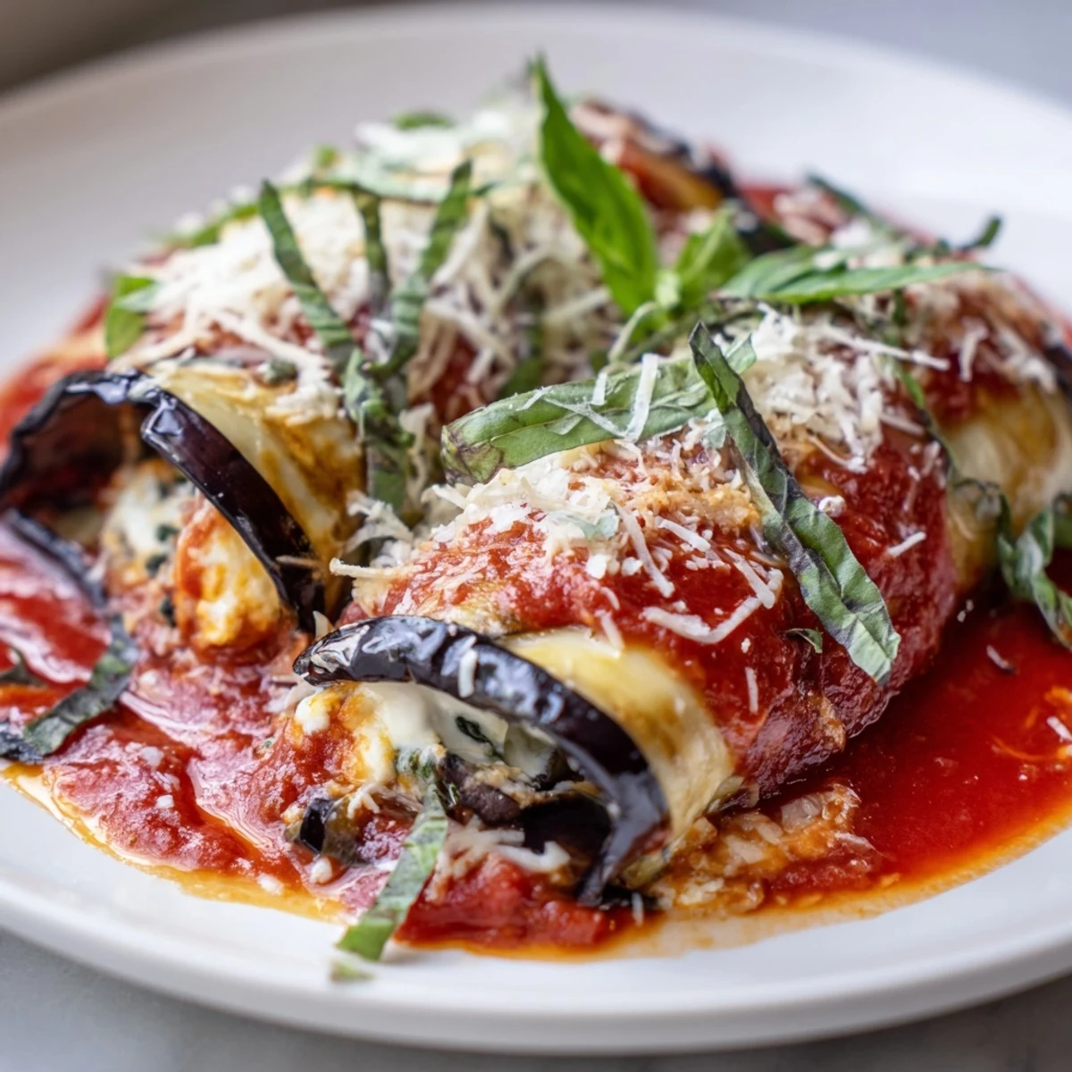 Golden-brown Baked Eggplant Rollatini, filled with creamy ricotta, in a baking dish, fragrantly delicious.