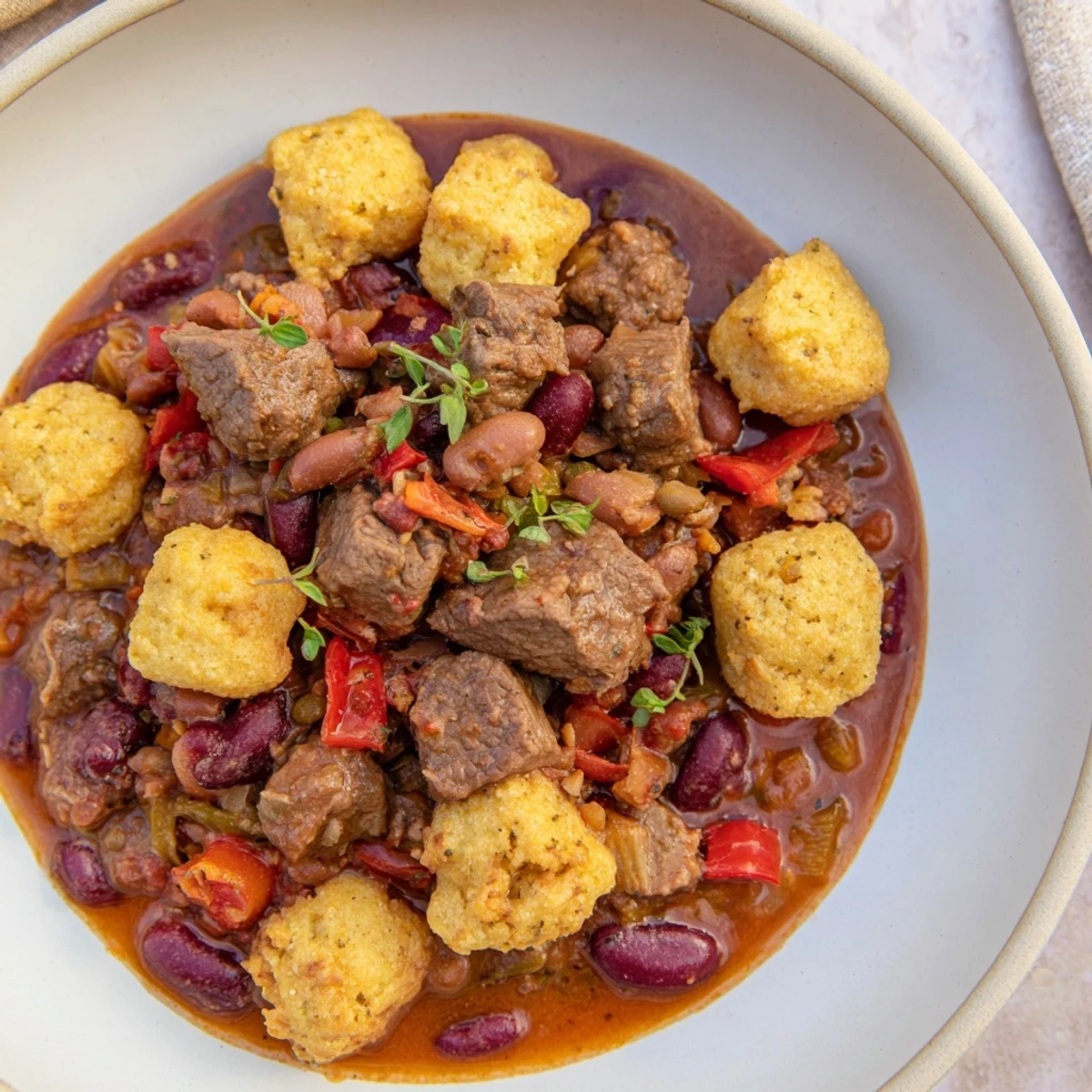 Delicious, homemade beef chili topped with light and fluffy cornbread dumplings, visually appealing.