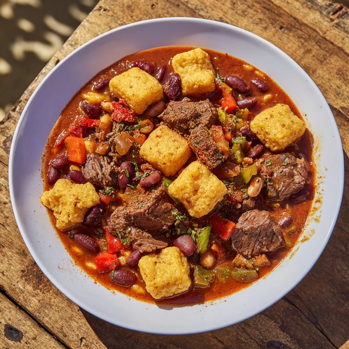 Close-up shot shows the hearty texture of beef chili with golden cornbread dumplings, a comforting meal.
