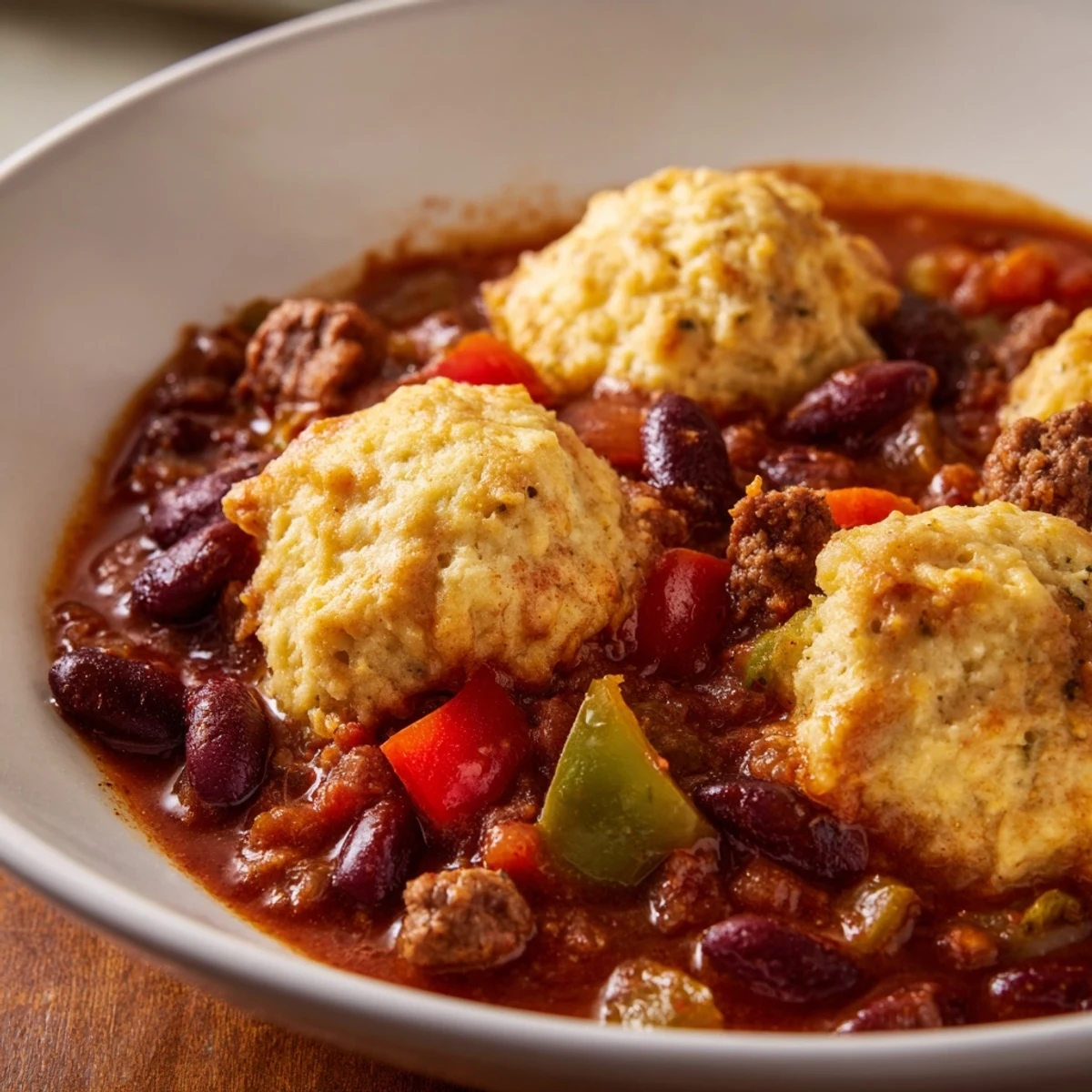 Close-up shot shows the hearty texture of beef chili with golden cornbread dumplings, a comforting meal.