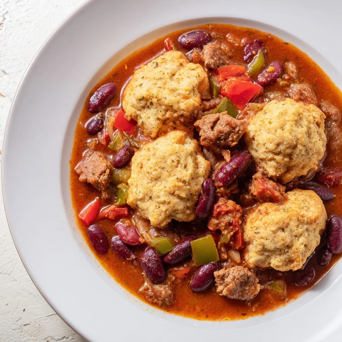 Delicious, homemade beef chili topped with light and fluffy cornbread dumplings, visually appealing.