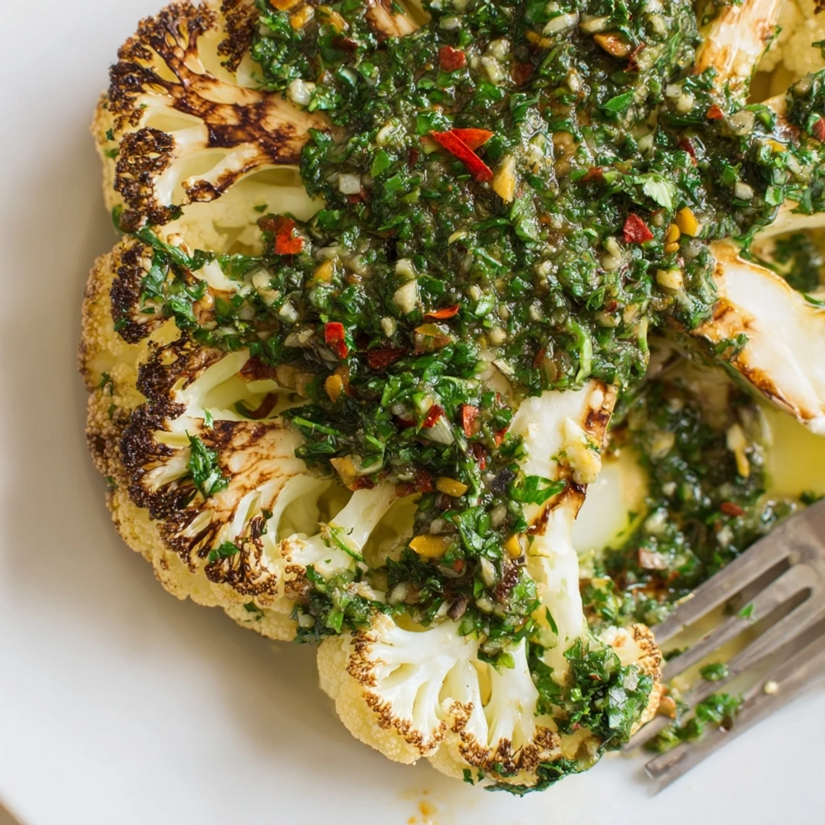 Golden-brown roasted cauliflower steaks are drizzled with a bright green, herby chimichurri sauce on a white plate. A vibrant plant-based main dish for a healthy dinner. 