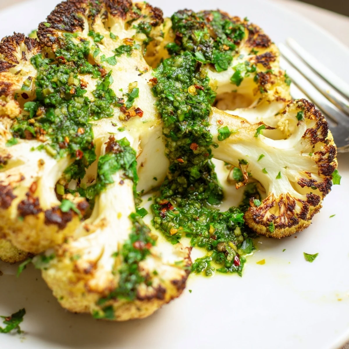Thick-cut cauliflower steaks roasted until tender and caramelized, garnished with fresh parsley and red pepper flakes for a South American-inspired meal. 