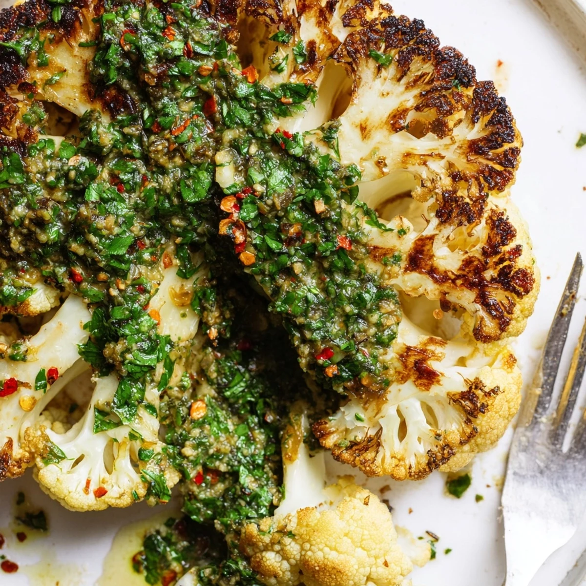 Roasted Cauliflower Steaks with Chimichurri are served warm, featuring a generous spoonful of homemade green sauce and a wedge of lemon on the side.