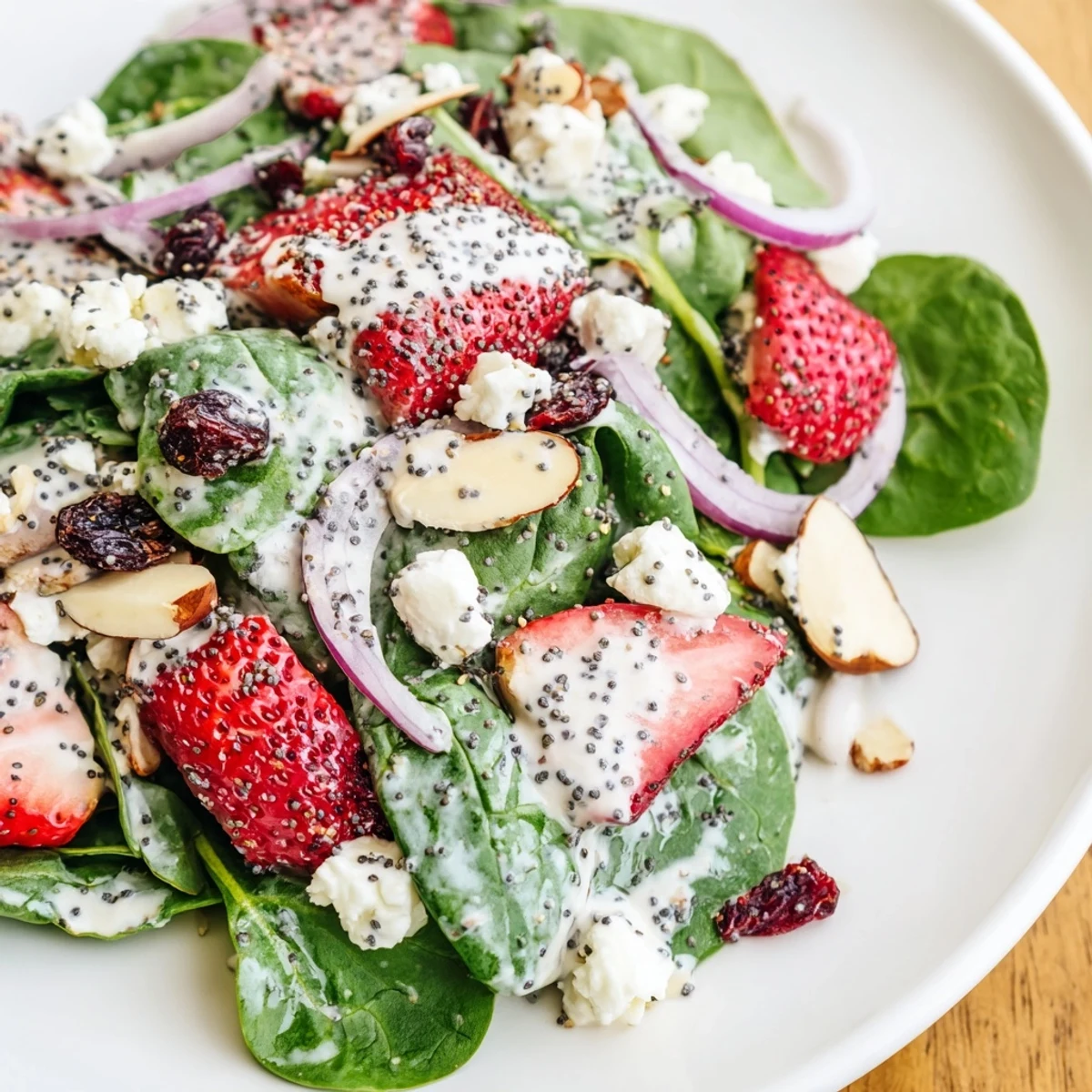 A close-up of a refreshing Strawberry Spinach Salad with Poppy Seed Dressing featuring juicy berries, red onion, and a creamy drizzle.