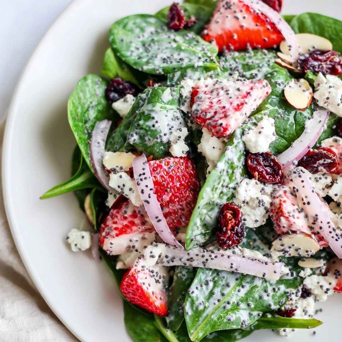 Healthy side salad with tender greens, strawberries, crumbled cheese, and crunchy toasted nuts tossed in homemade poppy seed dressing.