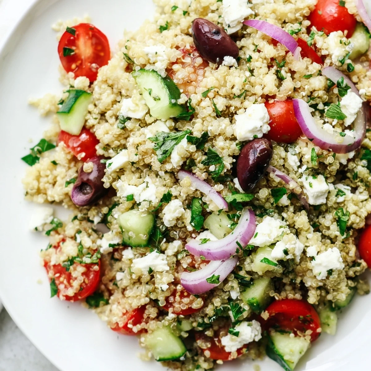Fork-ready Mediterranean Quinoa Salad with Cucumber and Feta in a white bowl, topped with fresh herbs and a drizzle of lemon-herb dressing.