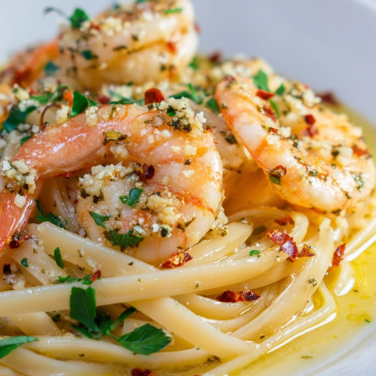 Lemon Garlic Butter Shrimp Scampi over linguine twirled on a fork, glistening with buttery lemon garlic sauce.