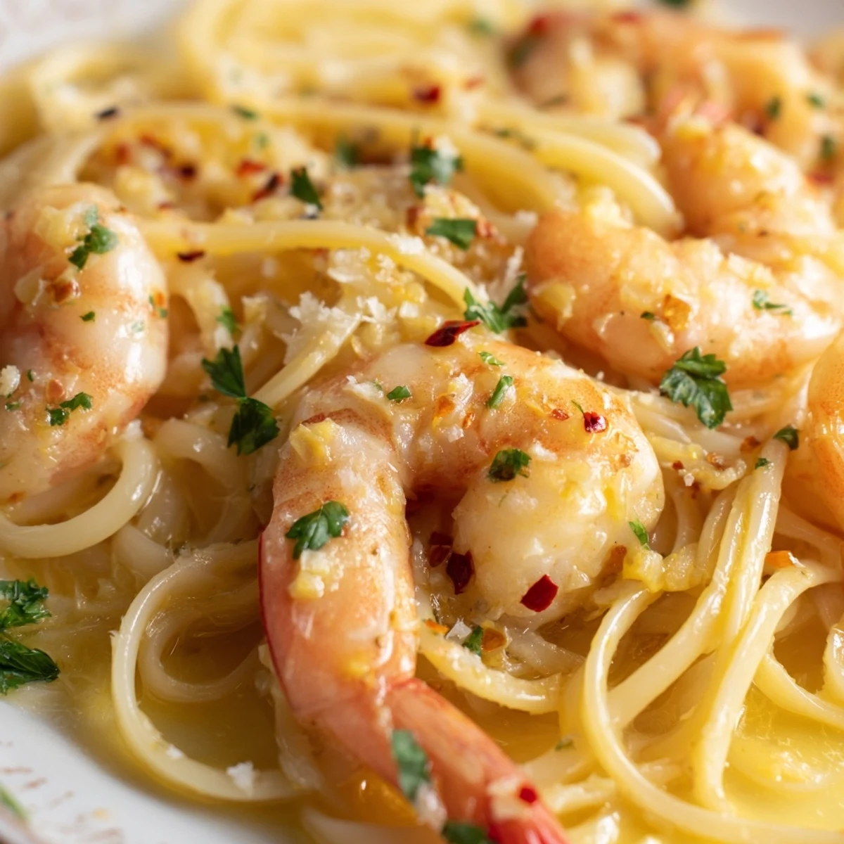 Forkful of zesty Lemon Garlic Butter Shrimp Scampi over linguine, topped with fresh parsley and lemon wedges.