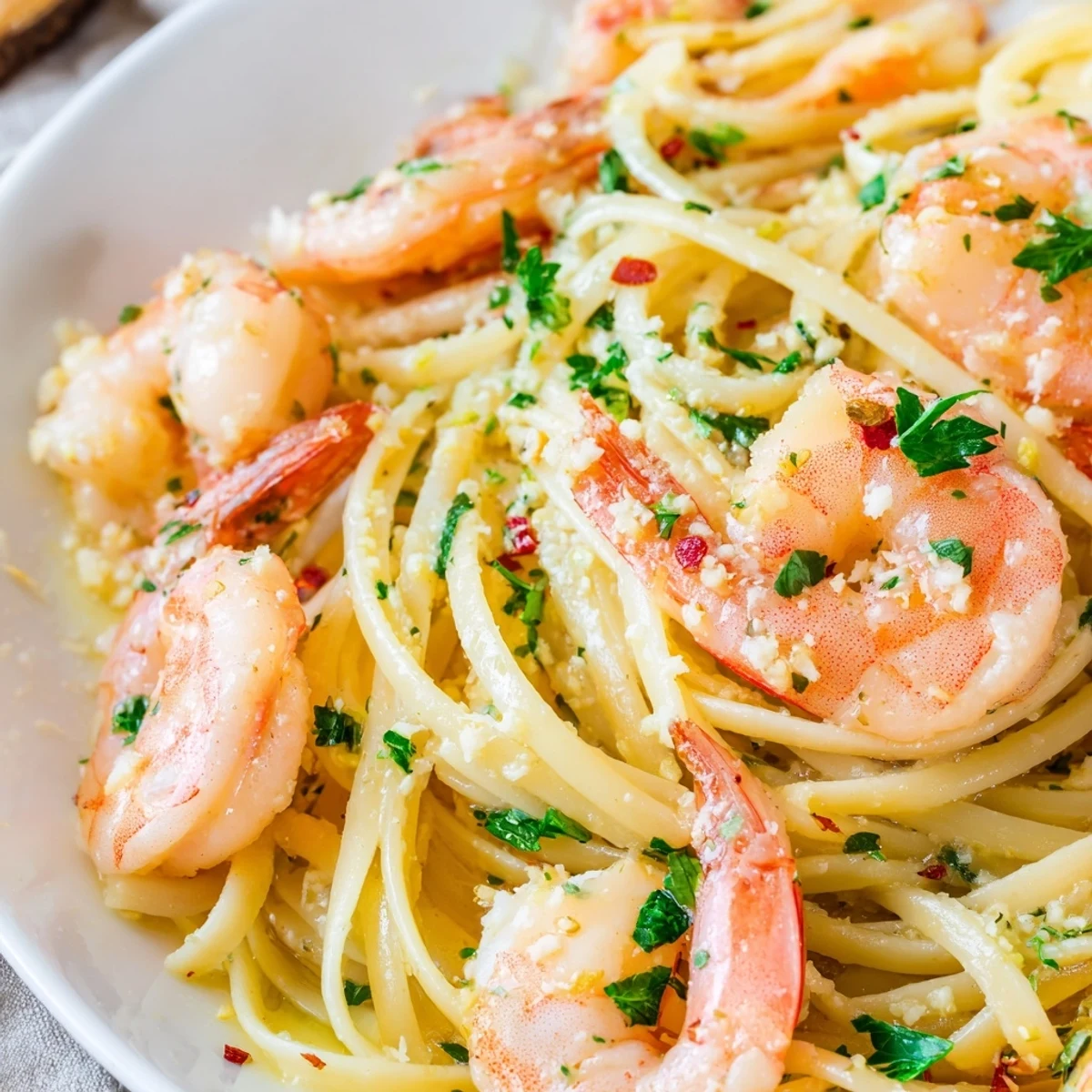 Restaurant-quality Lemon Garlic Butter Shrimp Scampi over linguine served warm with crusty bread and a glass of white wine.