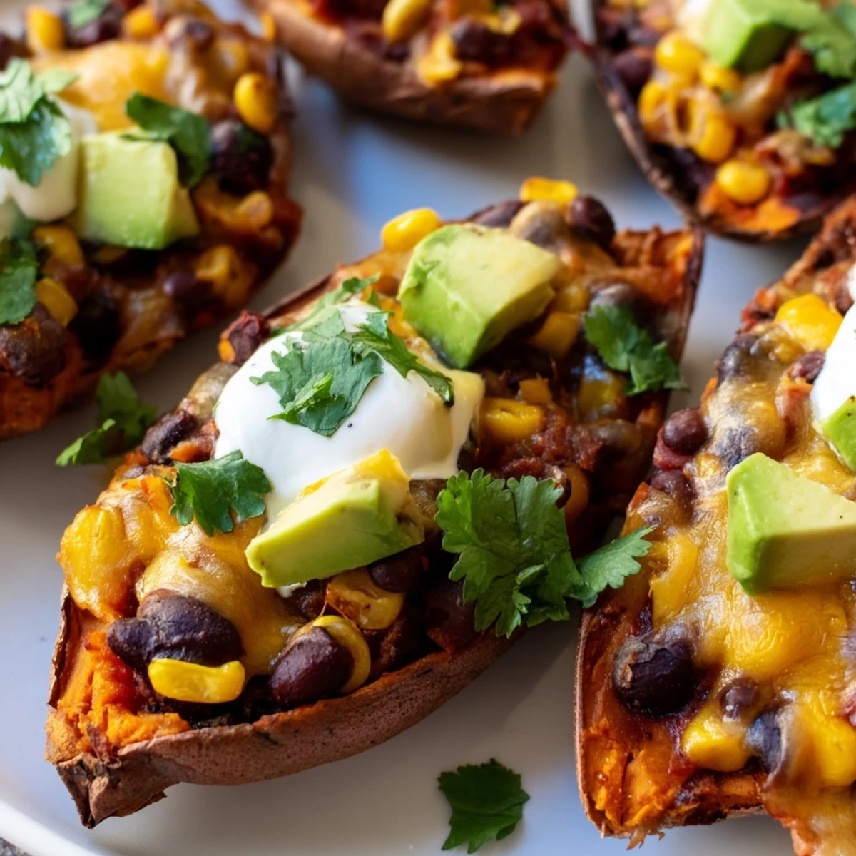 Melty cheese and black bean filling on baked sweet potato skins, ready for a light vegetarian meal.