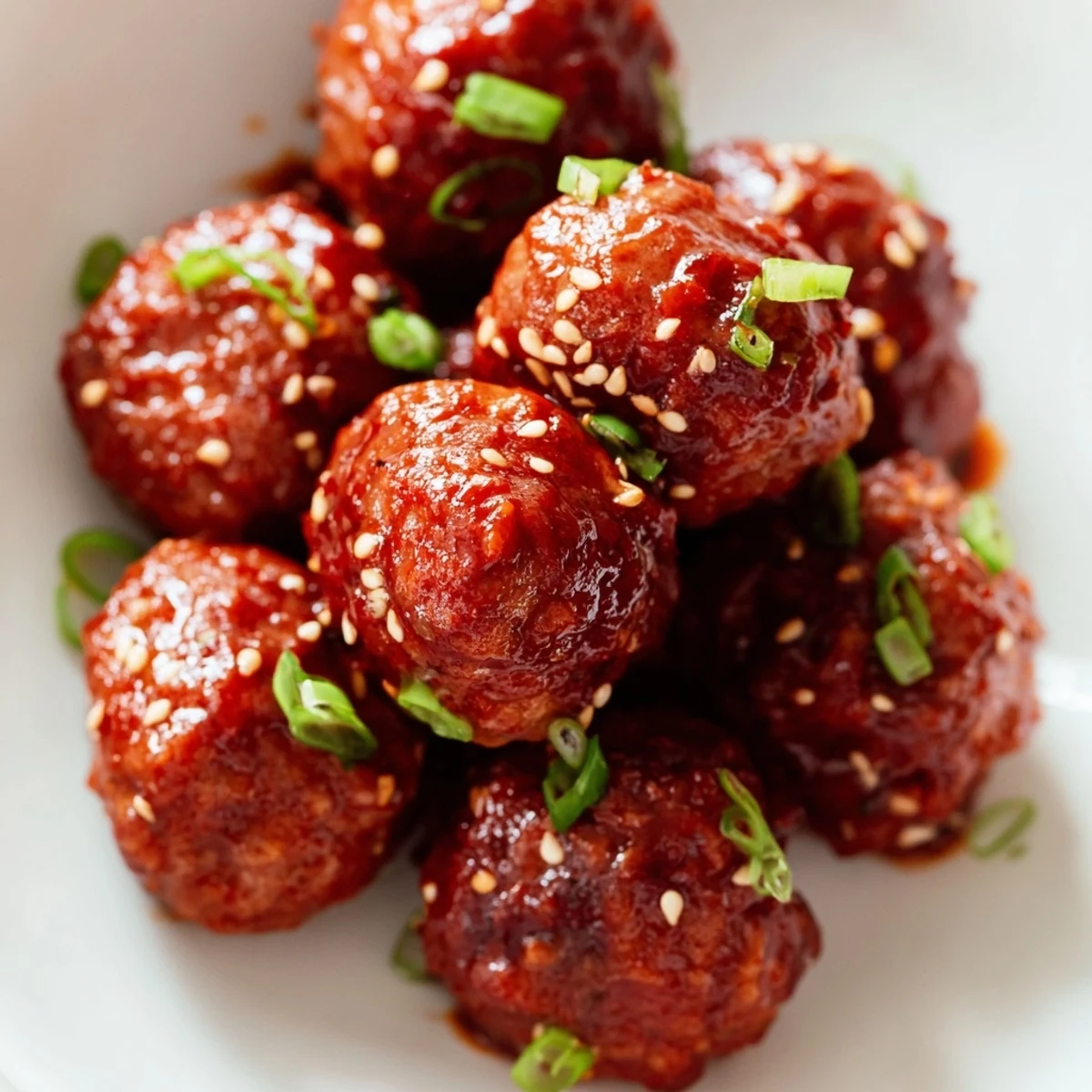 A close-up of glazed Spicy Sriracha Beef Meatballs revealing juicy beef texture and flecks of fresh ginger inside.