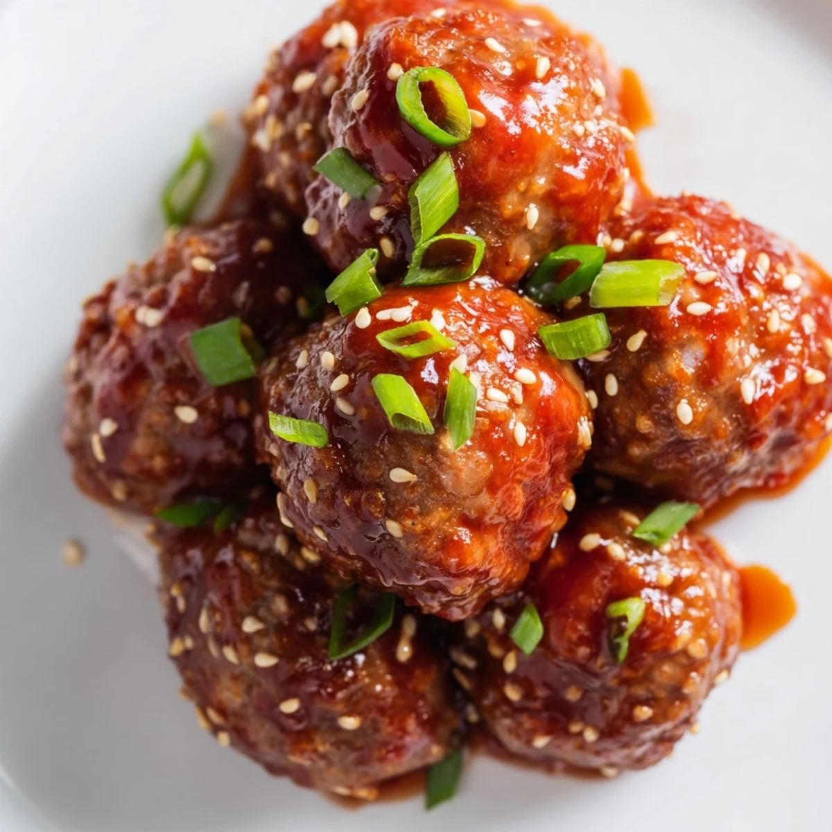 Freshly baked Spicy Sriracha Beef Meatballs with Sesame Seeds glistening with a sweet and tangy glaze on a rustic wooden board.