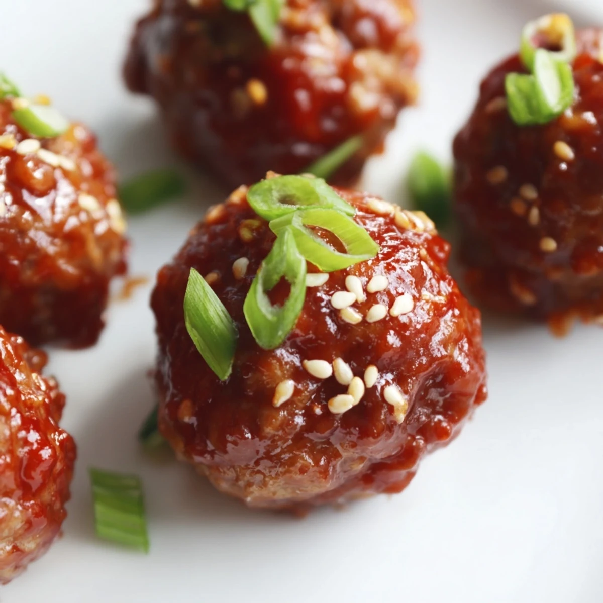 Golden-brown Spicy Sriracha Beef Meatballs topped with green onions and sesame seeds served over a bed of fluffy white rice.