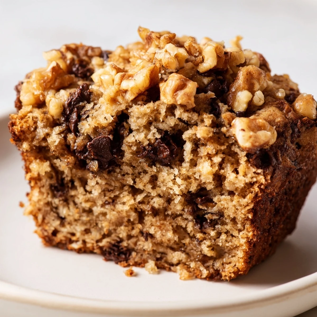 Two warm Chocolate Chip Banana Bread Muffins with Walnuts sliced open to reveal tender interior and chopped nuts, perfect for breakfast.