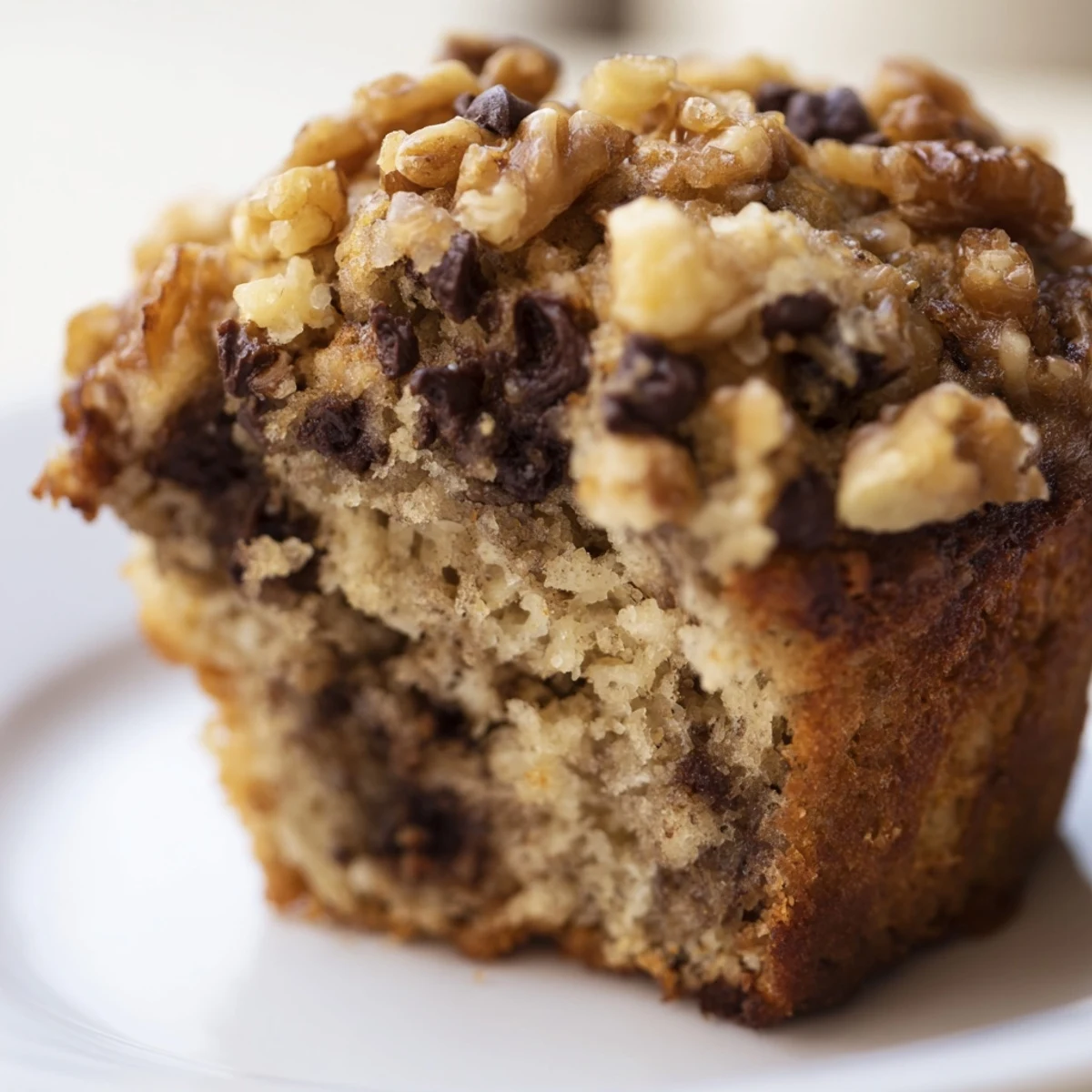 Freshly baked Chocolate Chip Banana Bread Muffins with Walnuts cooling on a wire rack, showcasing moist crumbs and melty chocolate chips.