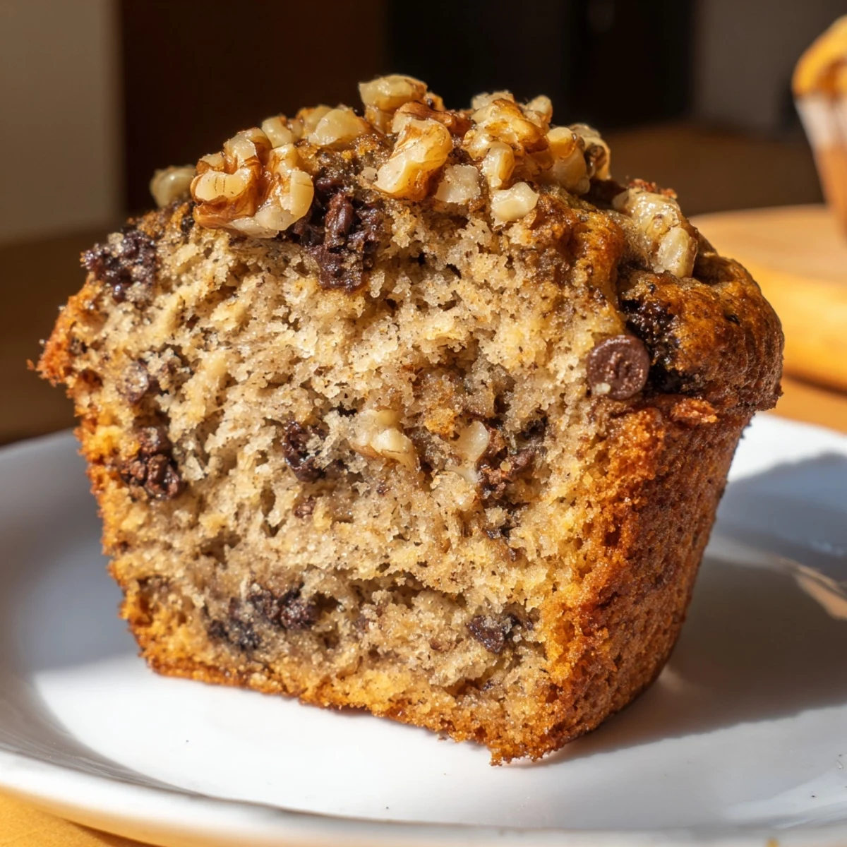 Golden-brown Chocolate Chip Banana Bread Muffins with Walnuts stacked on a plate, ready to enjoy as a sweet snack.