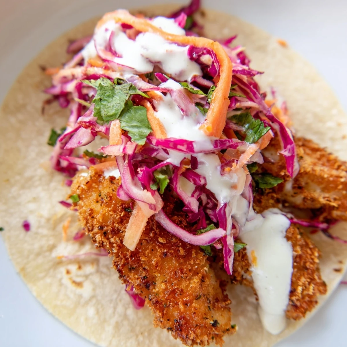 Golden-brown, crispy fish fillets nestled in warm corn tortillas, generously topped with vibrant red cabbage slaw and a drizzle of zesty crema.