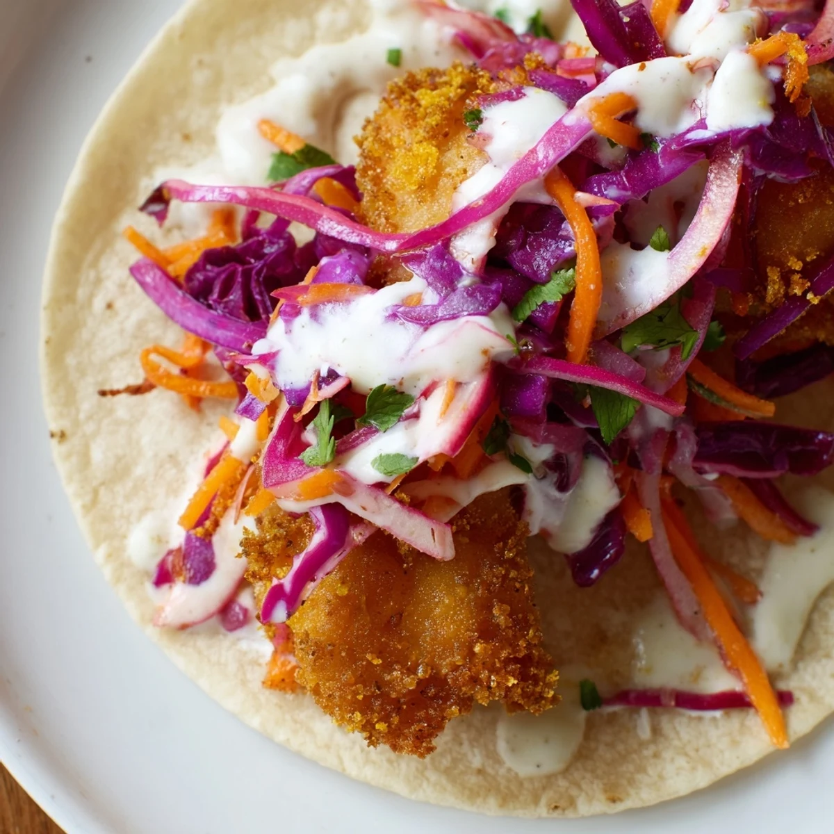 A plate of freshly assembled Crispy Fish Tacos with Red Cabbage Slaw, garnished with cilantro and served with lime wedges.