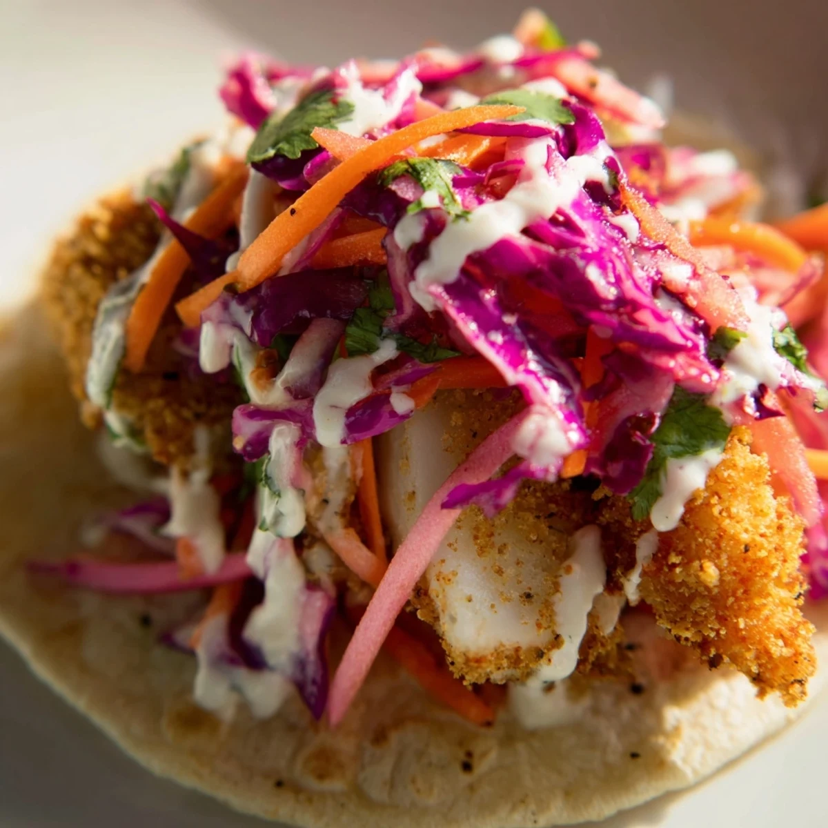 Close-up view of Crispy Fish Tacos showcasing the flaky white fish, crunchy slaw, and creamy sauce in soft warm tortillas.