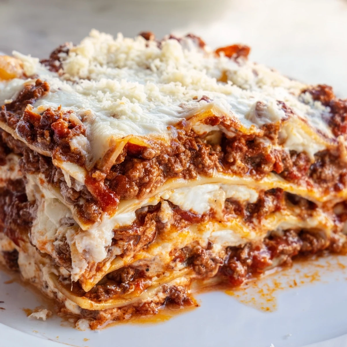 Layers of Classic Beef Lasagna with rich meat sauce, creamy béchamel, and tender noodles on a white plate.