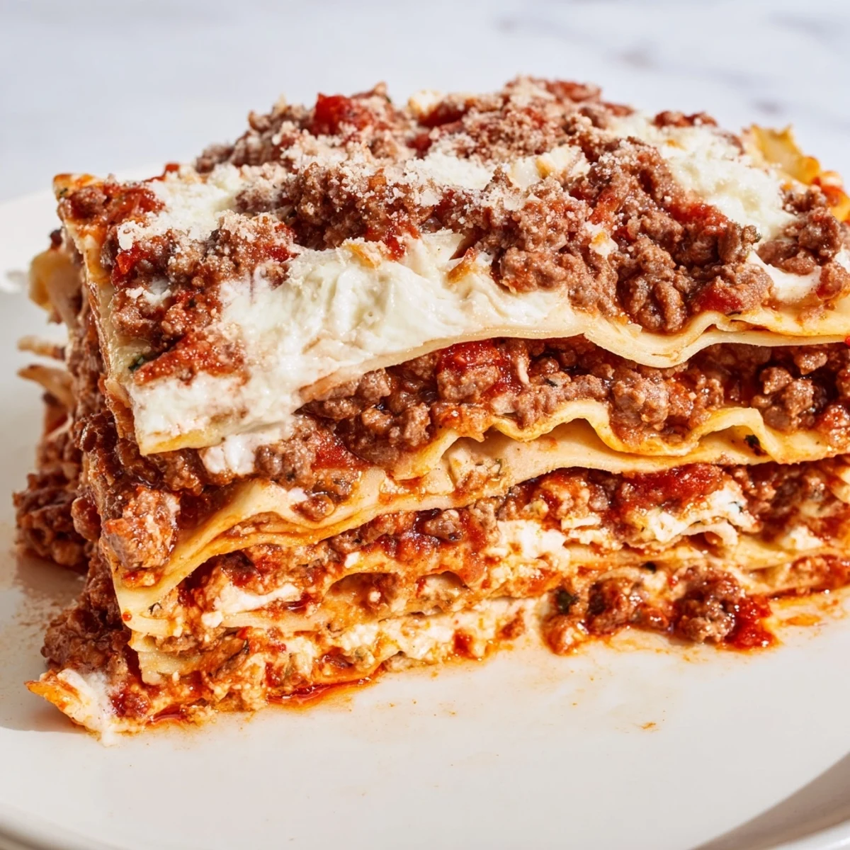 Classic Beef Lasagna cut into a neat square, revealing cheesy layers and hearty meat sauce, paired with crusty bread.