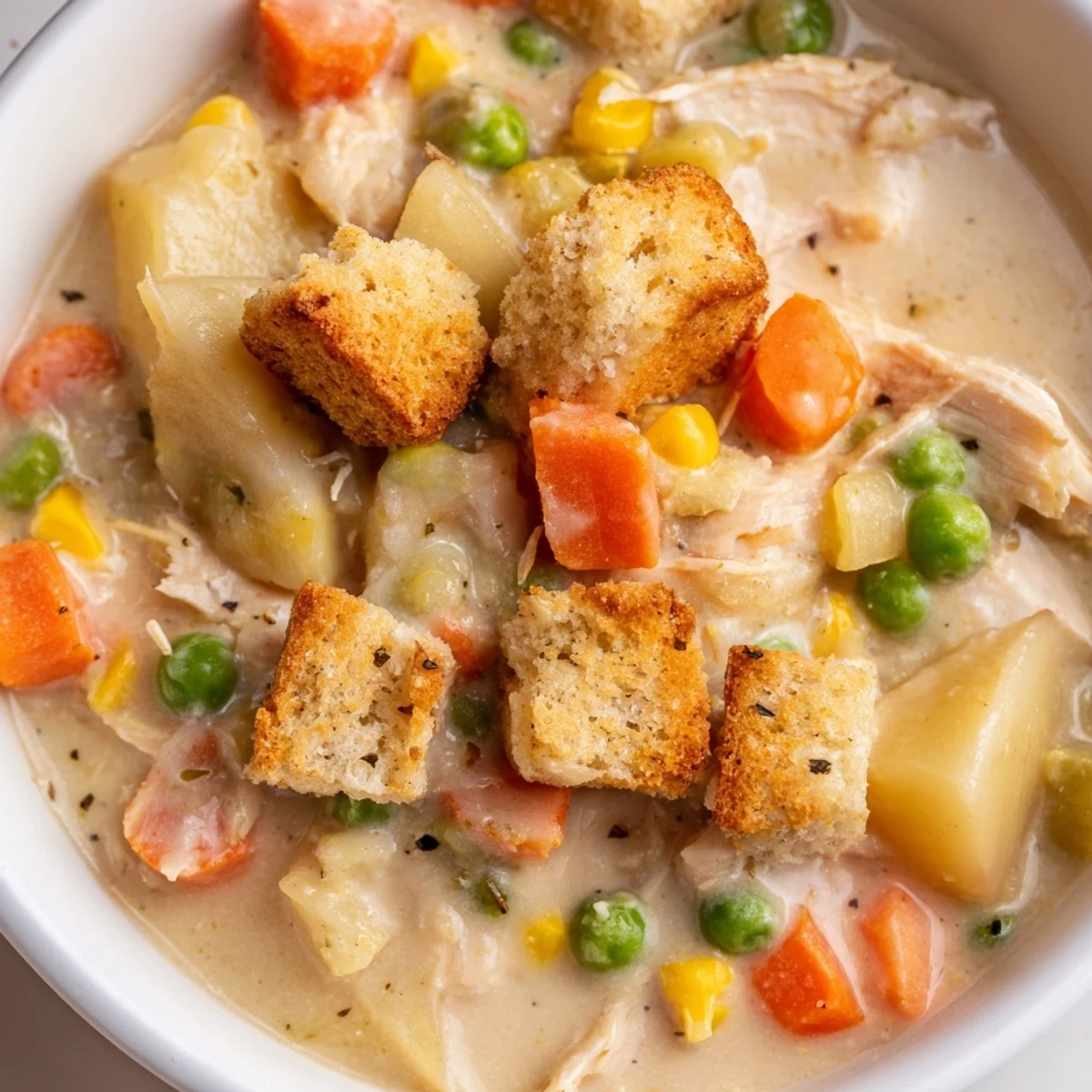 Bowl of rich Chicken Pot Pie Soup with Biscuit Croutons, topped with golden squares and fresh parsley on a cozy wooden table.