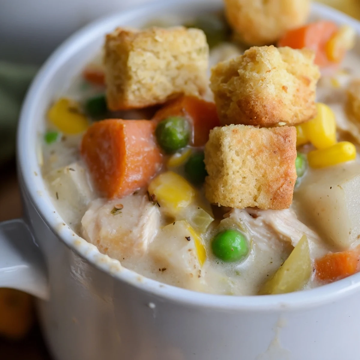 Creamy Chicken Pot Pie Soup with Biscuit Croutons in a rustic bowl, steam rising from the velvety broth filled with corn and peas.