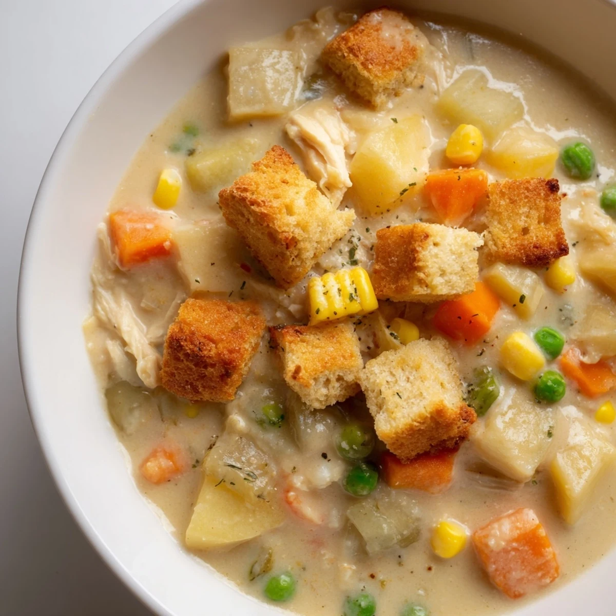 Hearty Chicken Pot Pie Soup with Biscuit Croutons, featuring shredded chicken, diced carrots, and buttery biscuit pieces in a Dutch oven.