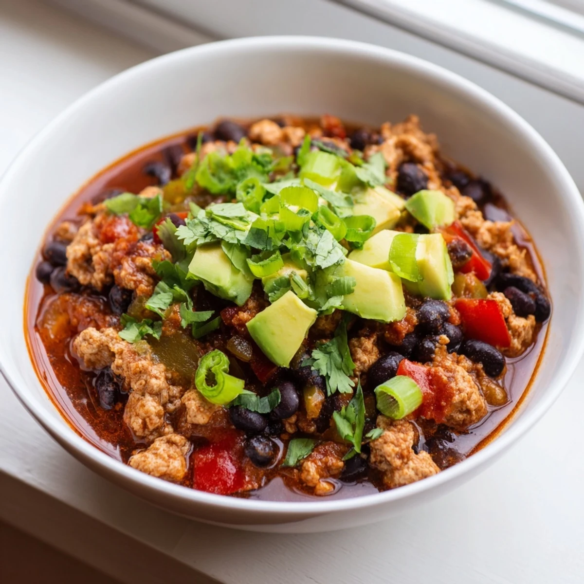 Close-up of a steaming bowl of Turkey Chili with Black Beans, garnished with fresh cilantro, diced avocado, and a lime wedge for a bright, zesty finish.
