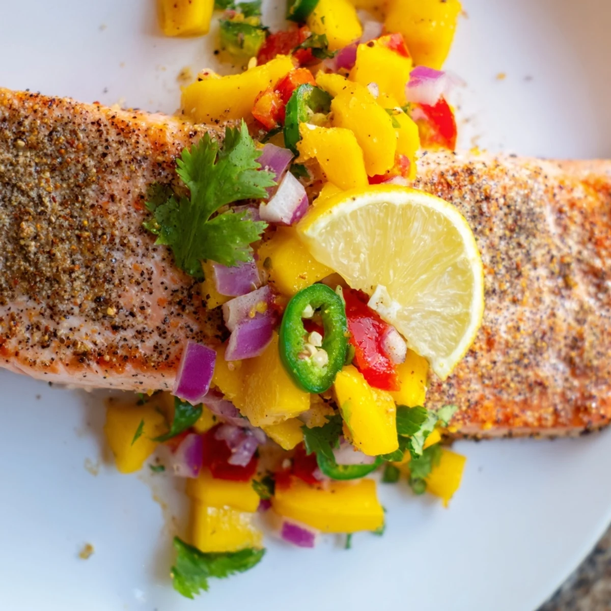 Flaky baked salmon fillet topped with vibrant mango salsa on a white plate, garnished with lime wedges and fresh cilantro leaves.