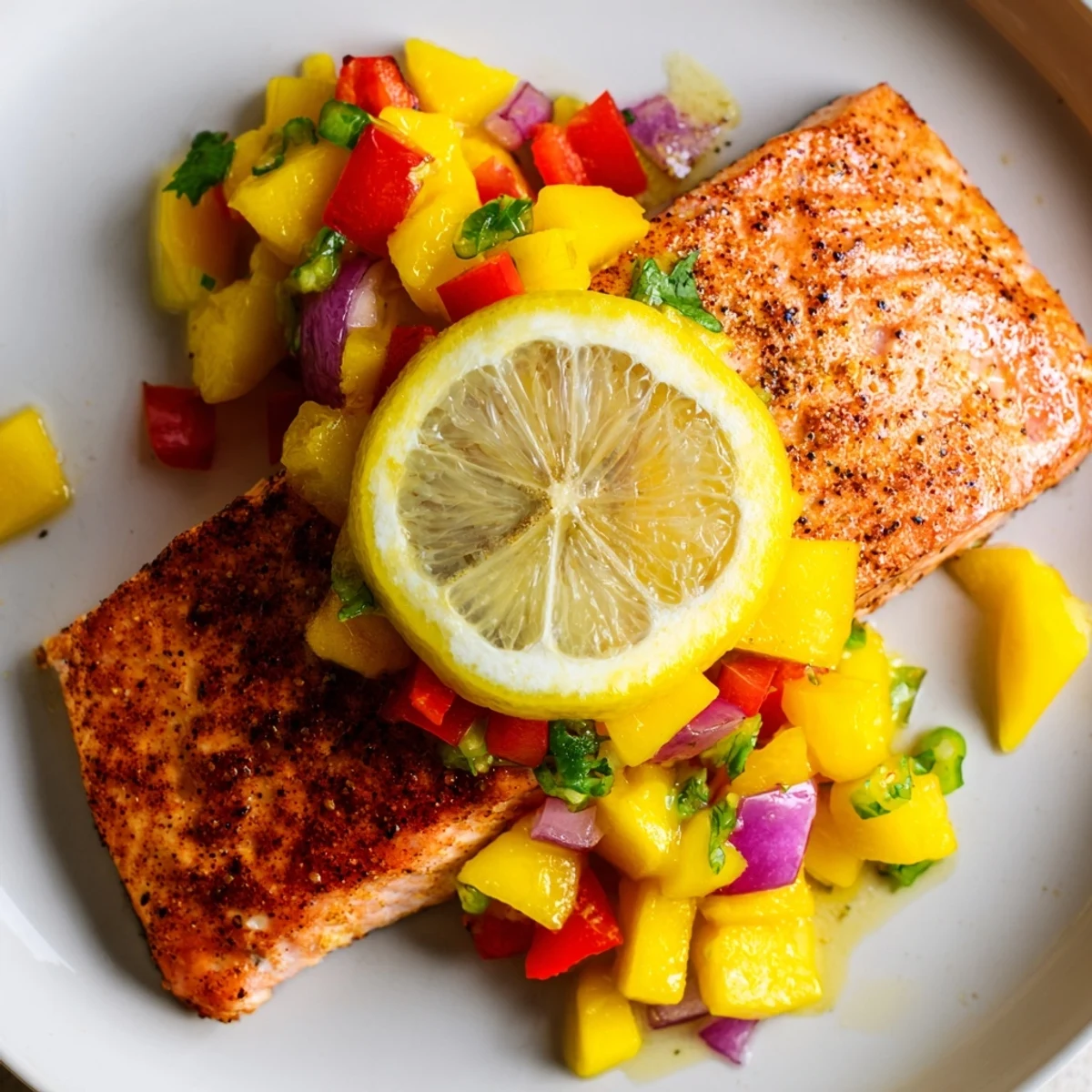 Golden-baked salmon fillet with juicy mango salsa, fresh red peppers, and onions, served on a rustic wooden table with lemon slices.