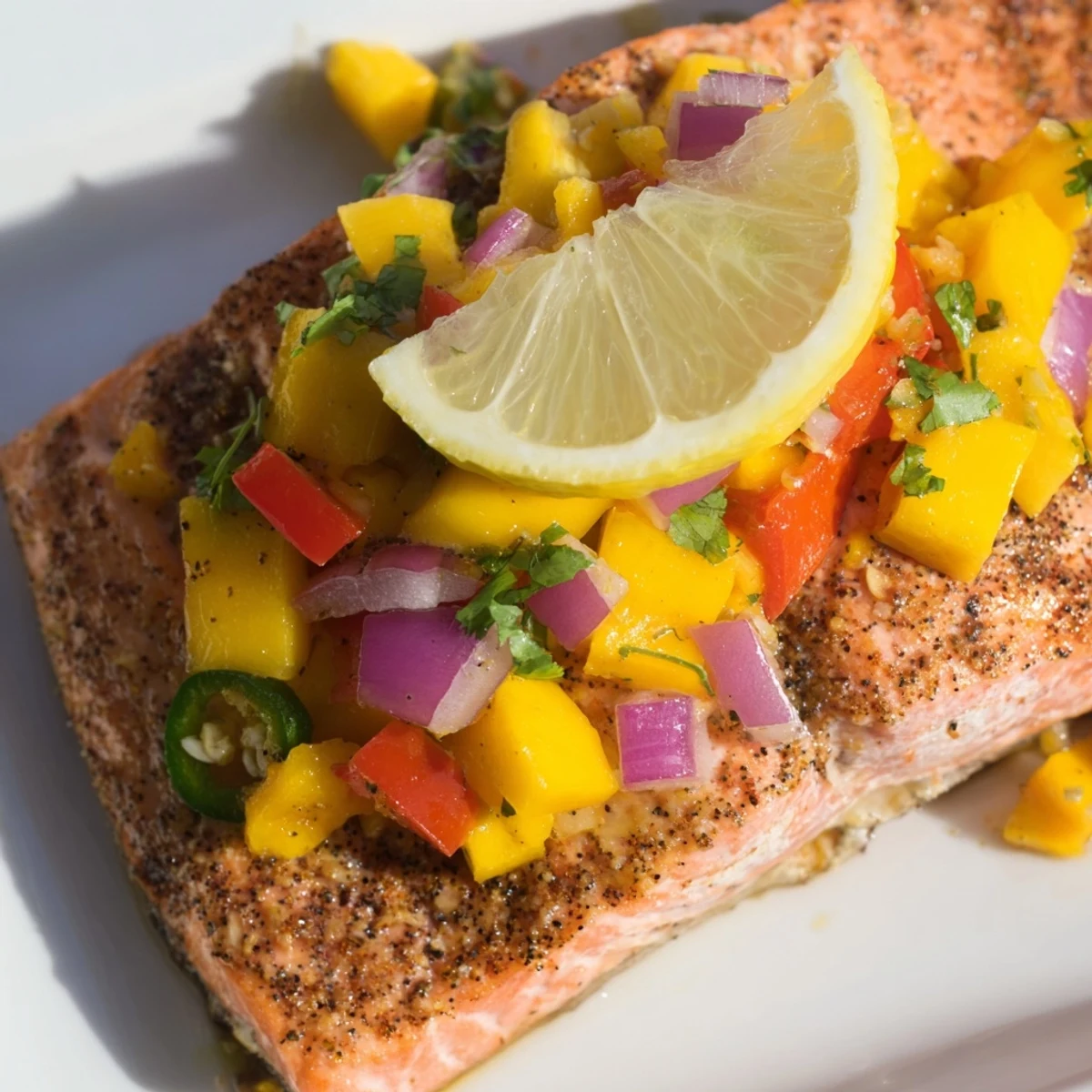 Moist oven-baked salmon with colorful mango salsa, fresh cilantro, and jalapeños, ready to serve with steamed rice or a crisp green salad.