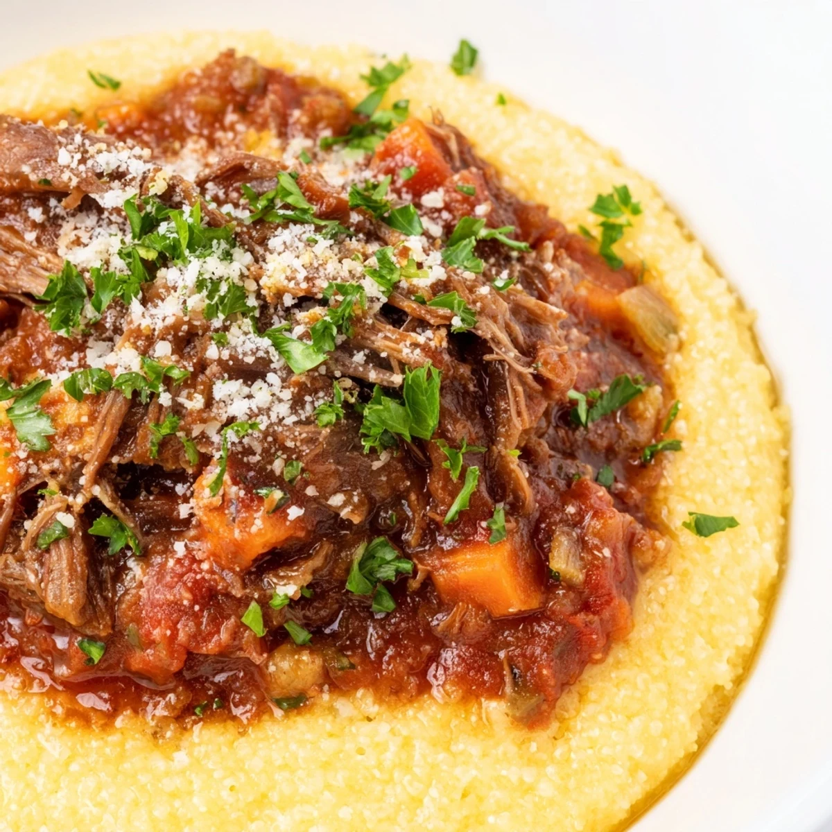 Tender beef chunks simmered in a rich tomato ragu are generously spooned over creamy polenta in a rustic white bowl, ready for a cozy dinner.