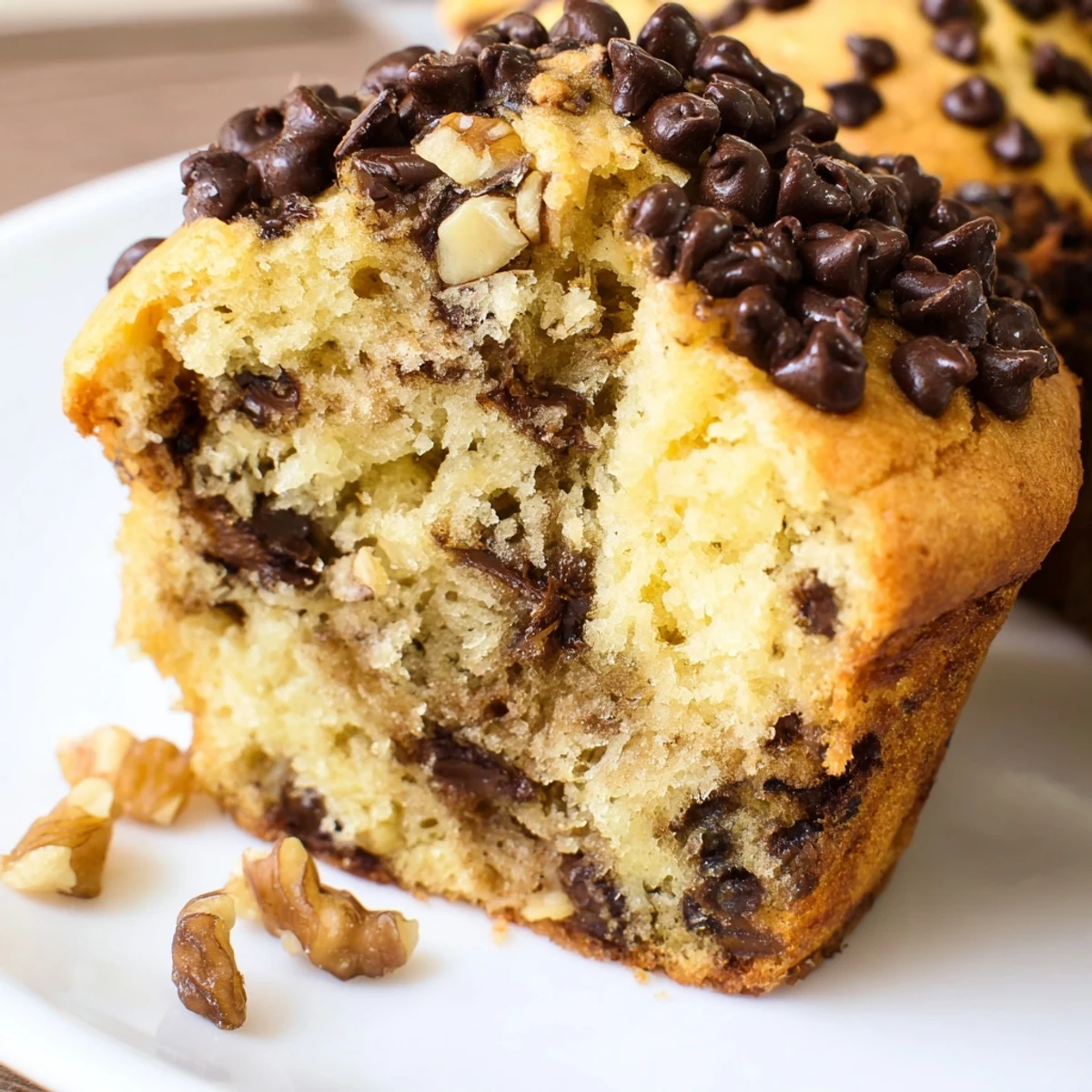 Freshly baked Chocolate Chip Muffins with golden tops and gooey chocolate chips, ready for a cozy breakfast treat.