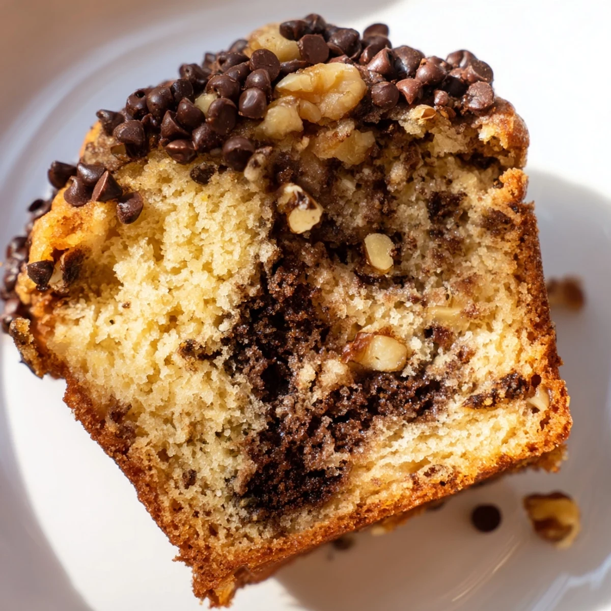 Warm Chocolate Chip Muffins with rich chocolate chips, served on a rustic plate with a glass of cold milk.