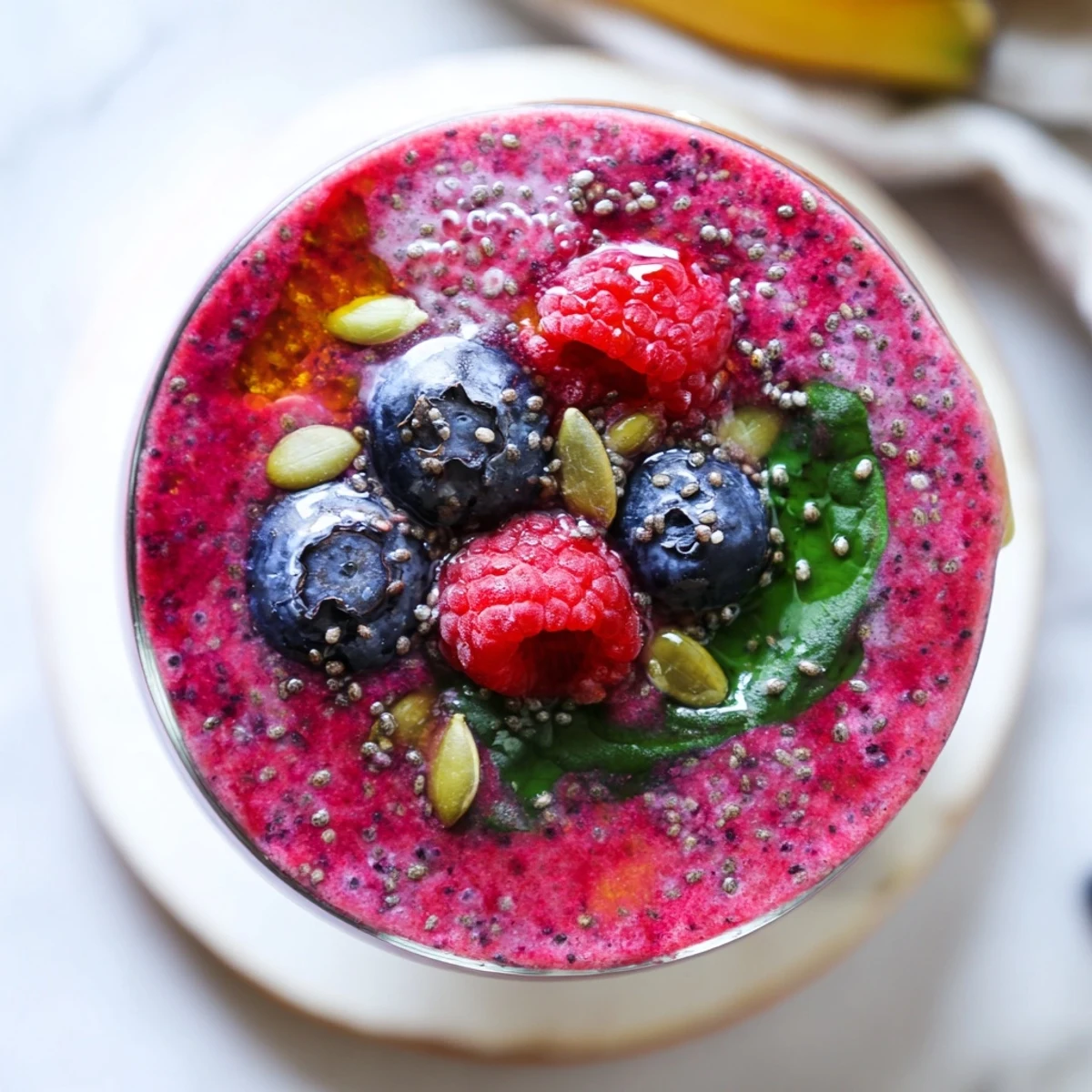 Close-up of a blender making Winter Berry Smoothie with spinach and frozen berries